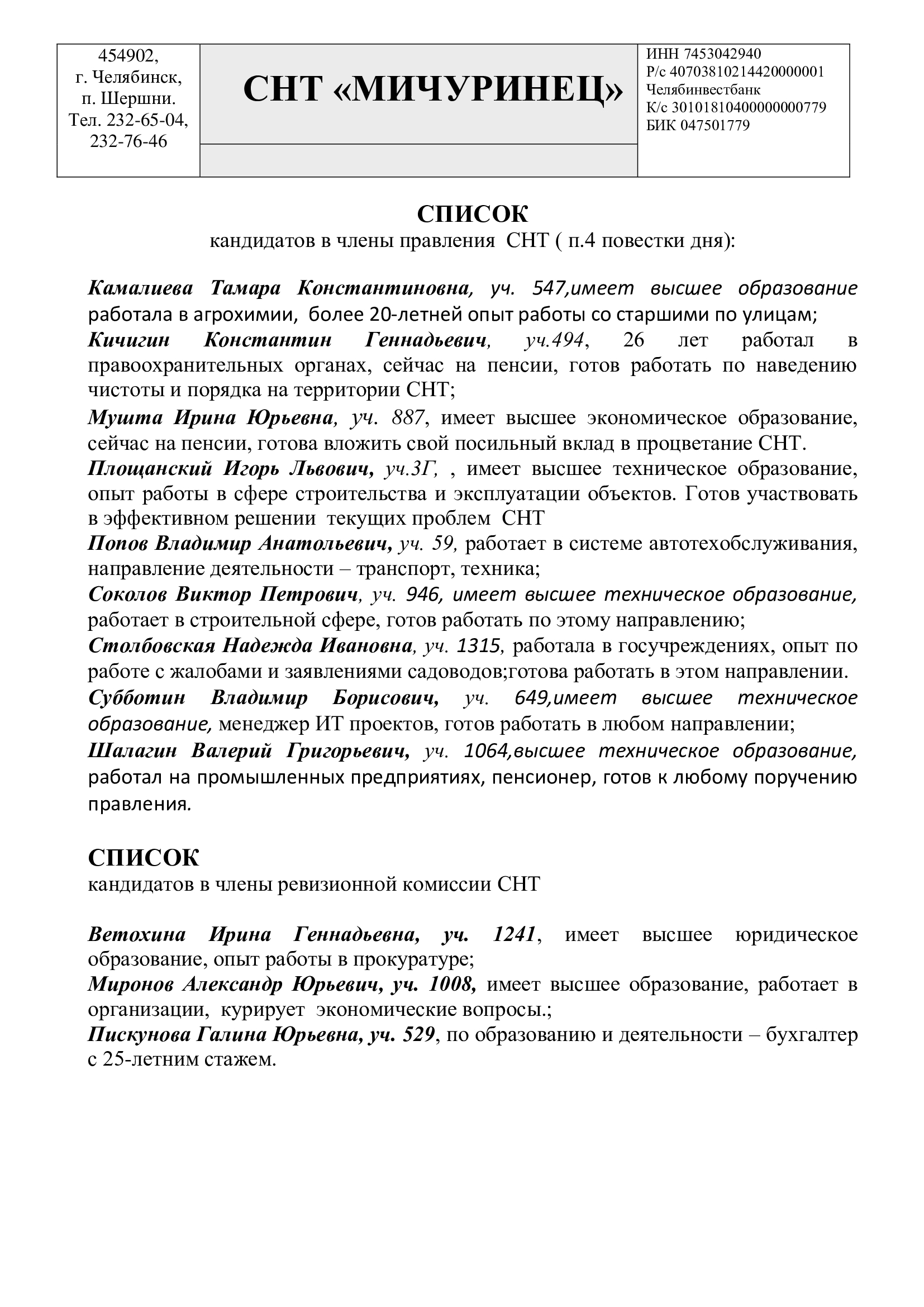 Кандидаты в члены правления и ревизионной комиссии на 2026 г.