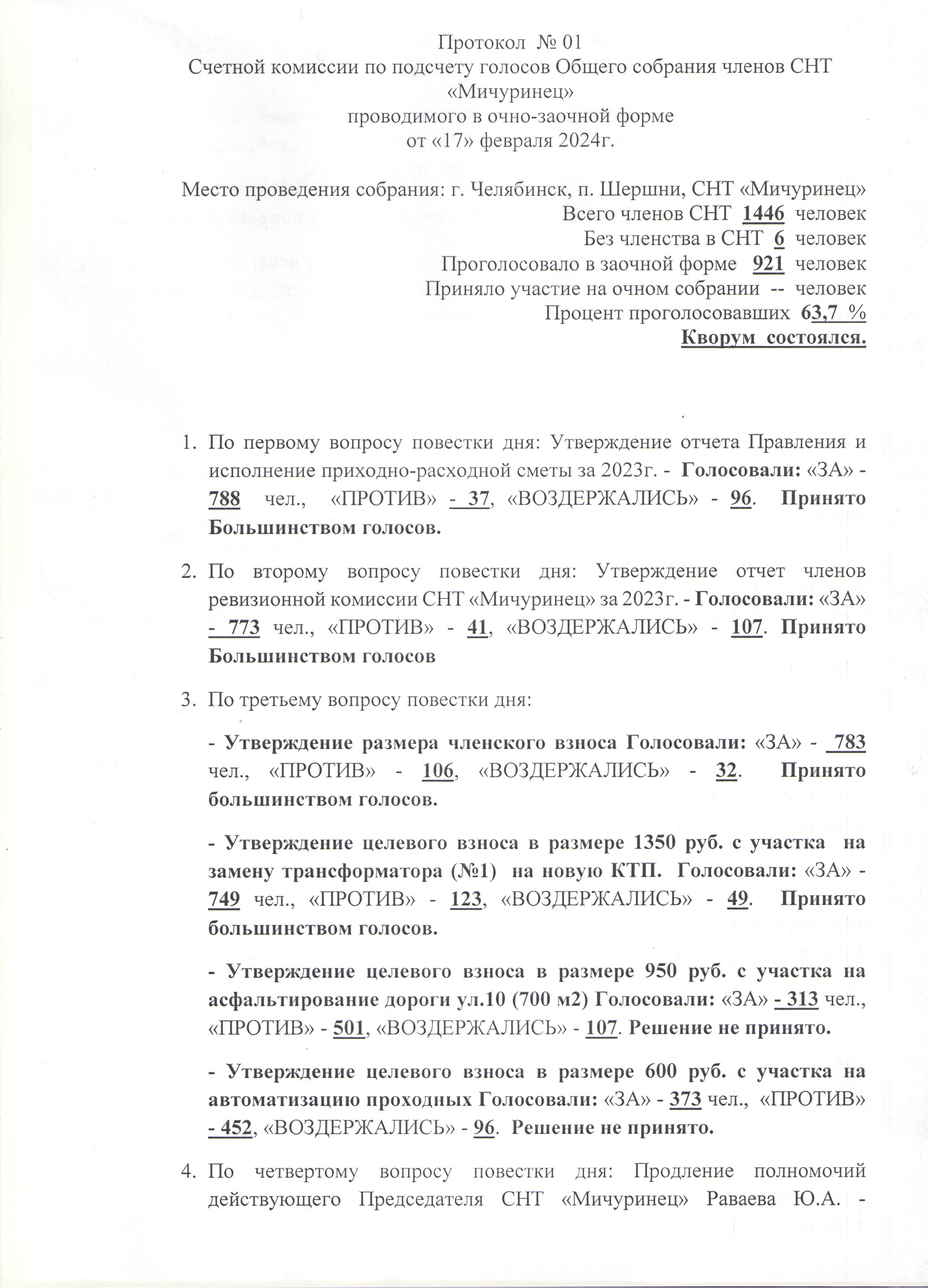Протокол №1 счётной комиссии заочного голосования 17 февраля 2024 г.