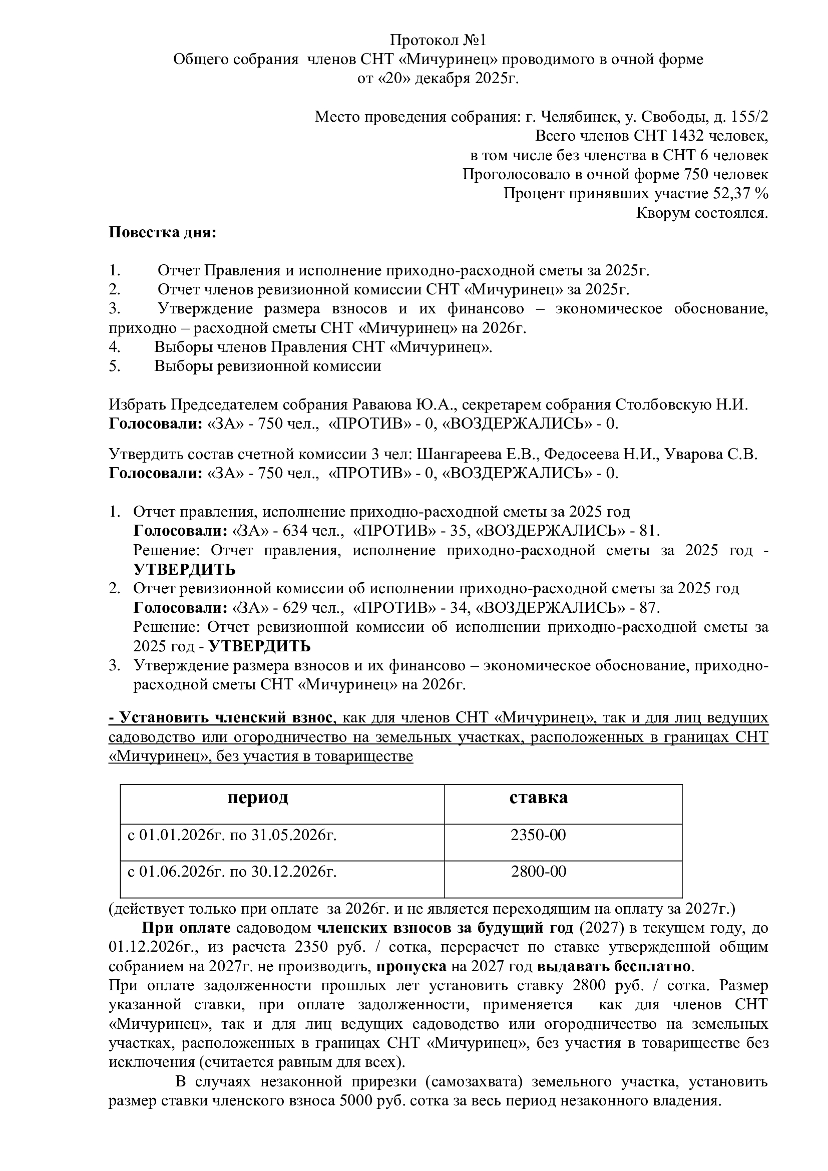 Протокол №1 Общего собрания членов СНТ 