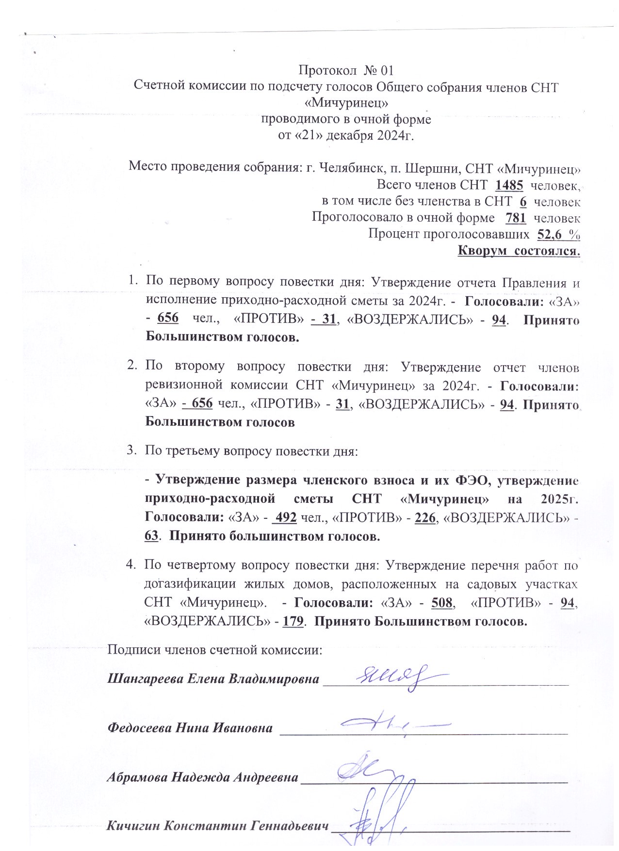 Протокол счётной комиссии Общего собрания от 21.12.2024 г.