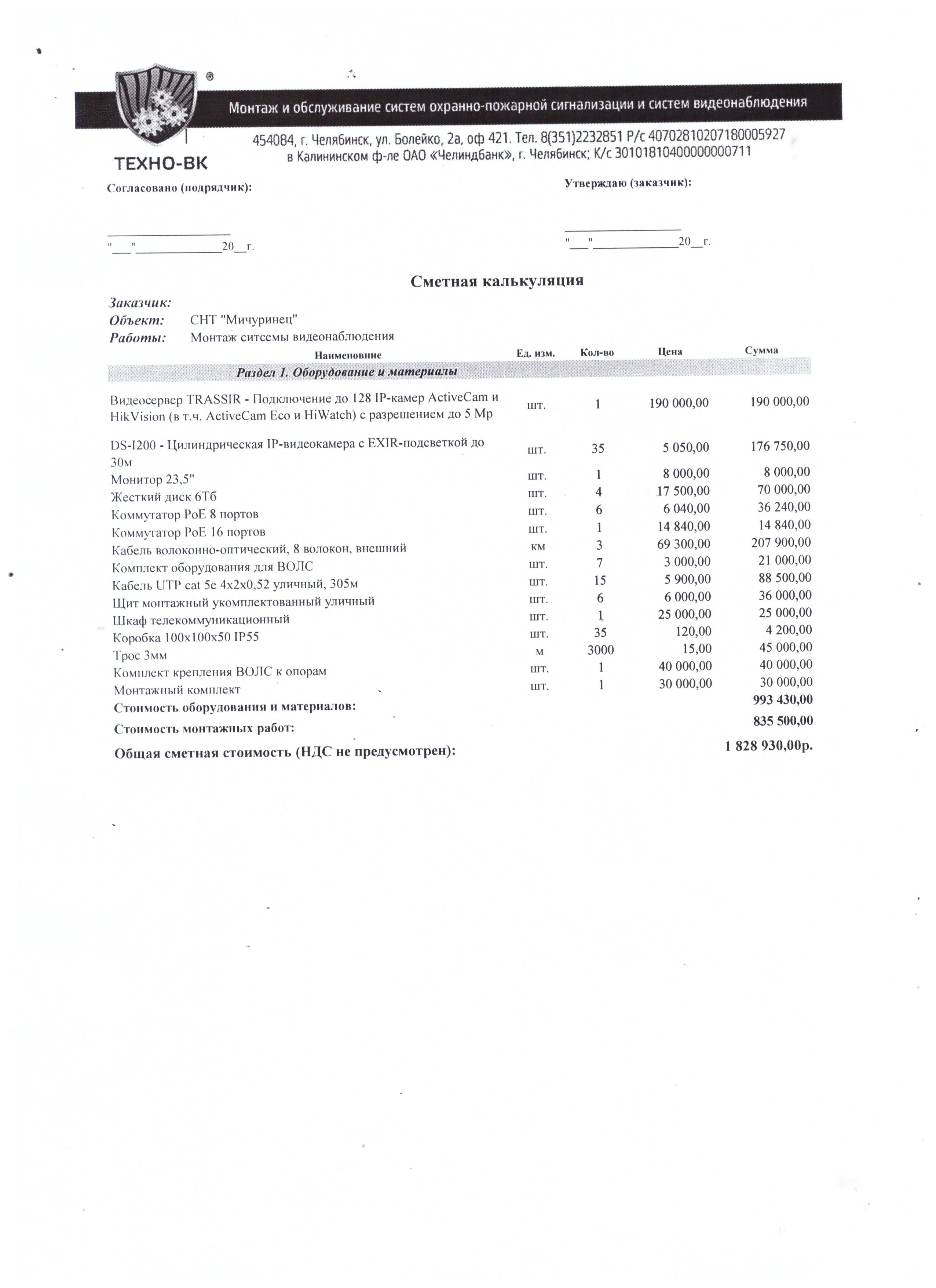 Предварительная смета на видеонаблюдение